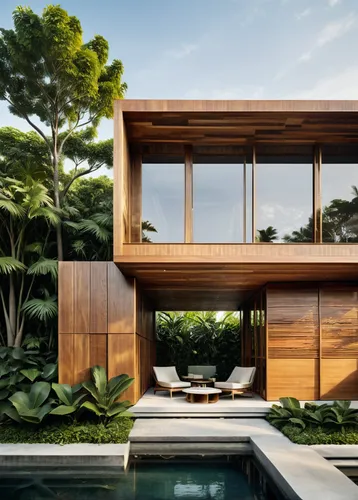 Design modern architecture with sleek lines, minimalist interiors, and innovative materials. Craft a contemporary wood blocks pavilion atmosphere for a sophisticated and urban space. Detailed photogra