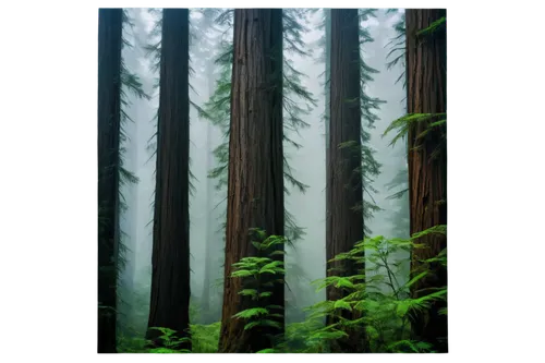 Redwood forest wallpaper, vertical composition, dense foliage, tall trees, misty atmosphere, soft warm lighting, morning dew, intricate branch details, vibrant green leaves, massive trunks, natural te