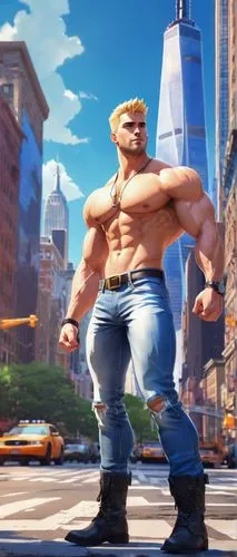 muscular American man, 30s, strong facial features, short blonde hair, blue eyes, slight stubble, white sleeveless shirt, dark blue ripped jeans, black leather boots, confident posture, standing, city