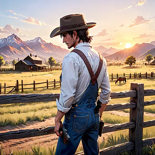 cowboy, epilogue scene, Red Dead Redemption 2, late 19th century, ranch, John Marston, denim overalls, white shirt, cowboy hat, revolver, horse, wooden fence, open fields, sunset, warm lighting, dista