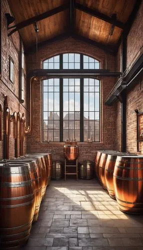 Brewery architecture, industrial style, brick walls, wooden beams, copper pipes, metal tanks, stone floors, large windows, natural light, rustic ambiance, old-fashioned lanterns, wooden barrels, ferme