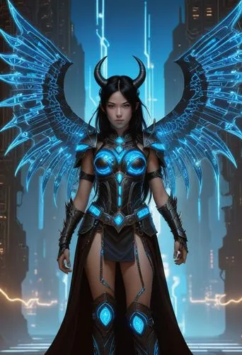  Lil Devil tail and horns a young alluring devil girl A powerful female warrior with black hair flowing down her shoulders, wearing armor with glowing blue circuits and circuit patterns on her wings. 