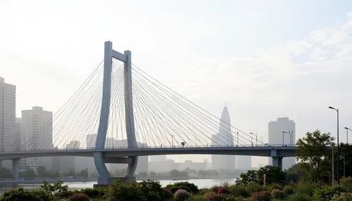 Sleek suspension bridge, modern cable-stayed architecture, silver metal beams, sturdy pillars, gentle curves, symmetrical composition, urban cityscape, misty morning atmosphere, soft natural lighting,