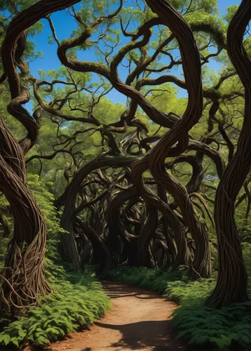 crooked forest,old-growth forest,cartoon forest,the roots of trees,enchanted forest,druid grove,tree grove,oak tree,western yew,old gnarled oak,tree of life,gnarled,elven forest,tree canopy,two oaks,celtic tree,oak,rosewood tree,forest path,forest road,Illustration,Children,Children 05