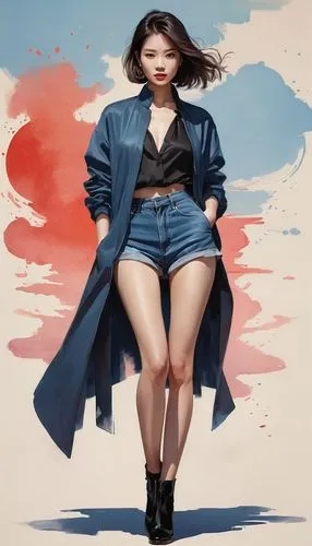 Top quality, real, masterpiece, 1girl, solo, full body, temptation, aoa, waistless outfit, long legs, perspective, color,,winner joy,joy,fashion vector,songpyeon,korea,korean,digital painting,fashion 