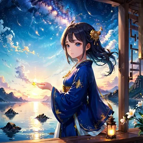 tanabata,starry sky,kanan,longmei,rem in arabian nights,umi,ocean background,nozomi,lein,eiko,fantasy picture,tianyi,dusk background,chihaya,night-blooming jasmine,locris,night sky,beautiful wallpaper,cielo,yuanji,Anime,Anime,Realistic