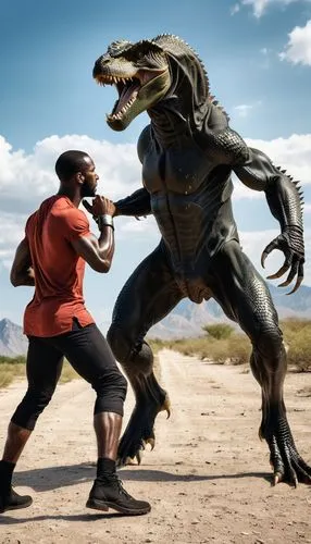 tall black man fighting against a reptilian humanoid,man and man in front of a statue of an iguant and man holding his arm out,megafight,raptor,ebz,protohistoric,jurassic,raptors,velociraptors,stegodo