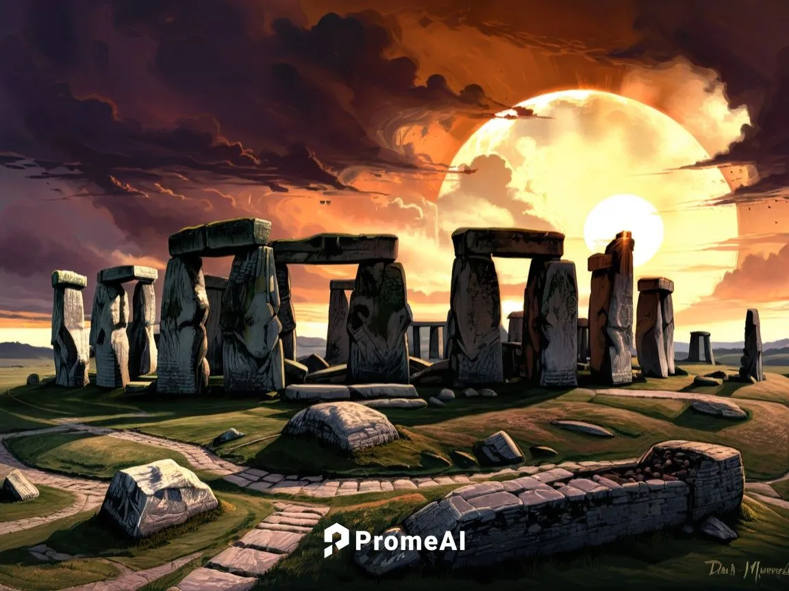 stonehenge,the stones at sunset in the middle of nowhere,stonehenge,stone henge,henge,neo-stone age,megalithic,ancient city,Illustration,Realistic Fantasy,Realistic Fantasy 25