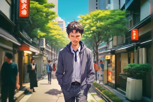 anime japanese clothing,2d,anime cartoon,anime 3d,walking man,world digital painting,shinjuku,pedestrian,a pedestrian,tokyo,japanese background,ginza,tokyo ¡¡,evangelion,yukio,sakana,tokyo city,media player,city ​​portrait,standing man