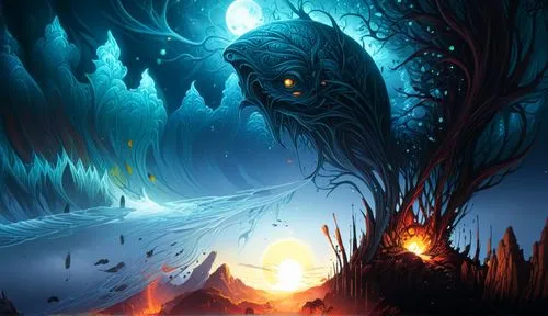 a computer painting of an alien in the woods,underdark,patronus,haunted forest,oscura,ice cave,game illustration,Illustration,Realistic Fantasy,Realistic Fantasy 25