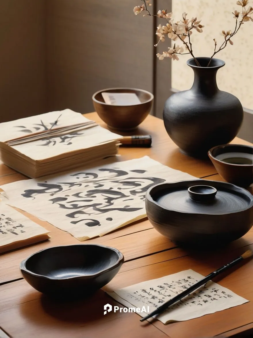 Calligraphy artist, traditional Japanese style, black ink, brush strokes, wispy hair, glasses, elegant fingers, worn wooden desk, scattered papers, inkstone, antique vase, soft natural light, serene a