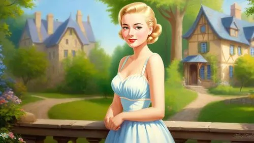 blue jasmine,maxon,dorthy,cendrillon,cinderella,pleasantville,gwtw,housemaid,elsa,fairy tale character,portrait background,cartoon video game background,disneyfied,marilyn monroe,springtime background,girl in a long dress,rosalyn,spring background,stepford,housedress