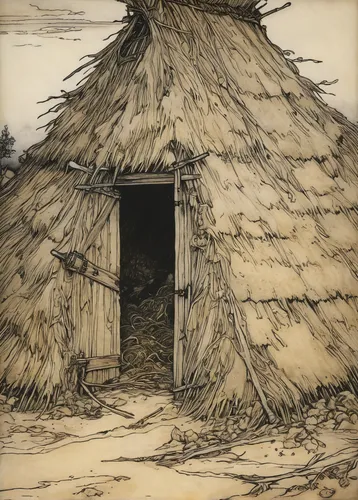 Write a suspenseful story about a hidden treasure buried deep within a haystack.,straw hut,iron age hut,thatch roof,thatched roof,thatching,straw roofing,thatched cottage,arthur rackham,blackhouse,neo