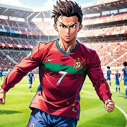 Cristiano Ronaldo, camisa sete da seleção de Portugal, tipo dragon ball z, em forma de anime, músculos, estilo Gohan, ao lado do super onze em um campo de futebol, comemorando um gol com sua comemoraç