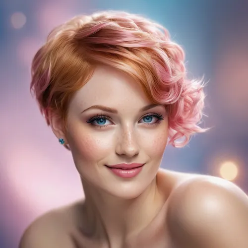 pixie-bob,pixie cut,pink beauty,romantic look,romantic portrait,pixie,portrait background,natural pink,marylyn monroe - female,women's cosmetics,pink hair,fantasy portrait,updo,girl portrait,elsa,fae,peony pink,pink lady,cg,natural cosmetic,Conceptual Art,Oil color,Oil Color 03