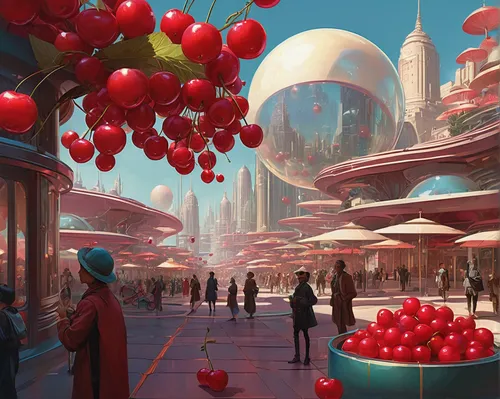 Imagine a futuristic city where bubble cherries are sold as luxury treats.,red balloons,red balloon,sci fiction illustration,spheres,futuristic landscape,valerian,fruit market,fantasy city,colorful ba