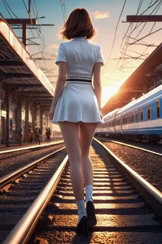 the girl at the station,railtours,railroad,stationmaster,railway track,white rose on rail,Photography,General,Sci-Fi