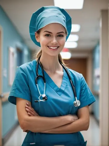 Nurse, female, 25yo, gentle smile, kind eyes, white hat, blue uniform, stethoscope around neck, holding medical chart, standing, hospital corridor, fluorescent lights, rows of patient rooms, wheelchai