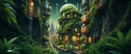 пусто,this fantasy and sci - fiist city is made out of plants,ecotopia,rainforest,jungle,titanum,rainforests,fairy village,terrarium,vivarium,yavin,3d fantasy,rain forest,fantasy landscape,biospheres,