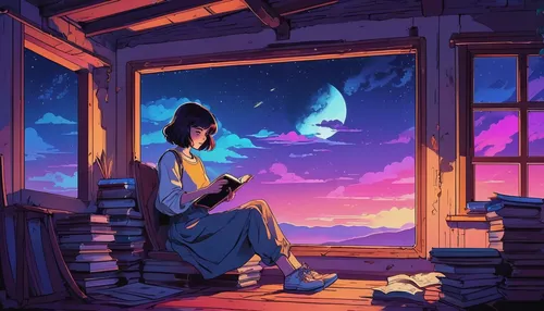 girl studying,summer evening,study,study room,reading,evening atmosphere,dream world,hideaway,writing-book,sci fiction illustration,blue room,listening to music,relaxing reading,dreaming,mulan,in the evening,astronomer,fireflies,studio ghibli,window to the world,Illustration,Japanese style,Japanese Style 06