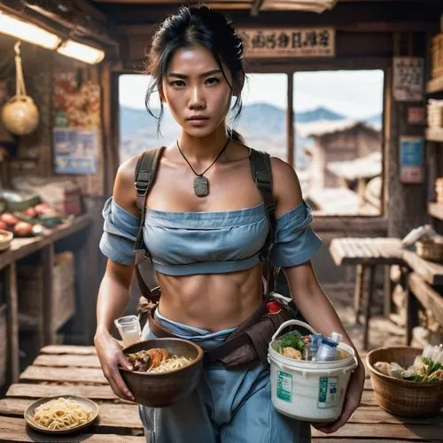 1girl, bare shoulders, bowl, chopsticks, food, indoors, jewelry, necklace, noodles, off shoulder, photo \(medium\), ramen, sitting, solo, striped,vietnamese woman,asian woman,thai,bun cha,mulan,vietna