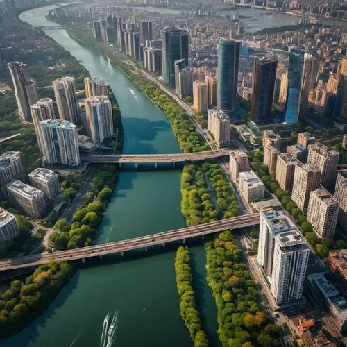 An aerial view of a bustling city with tall buildings lining the streets. A river winds its way through the city, separating the high-rises from the residential areas. The image captures the essence o