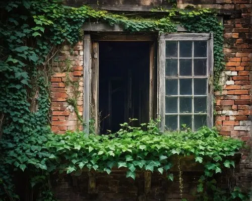 Rustic rehouse, abandoned, worn wooden boards, old brick walls, ivy climbing up, broken windows, creaking doors, vintage metal roof, overgrown with weeds, surrounded by dense forest, misty atmosphere,