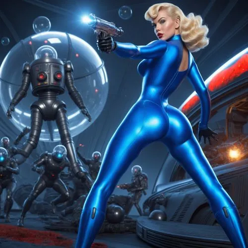 a poster of some people standing in a space with a gun,barbarella,dazzler,fembots,kolin,femforce,atomic age,neutralizer,cyberstar,positronium,fembot,cyberforce,heavy object,metron,cyberangels,rockette