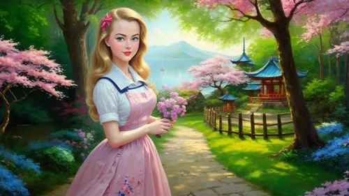 Romantic masterpiece oil painting, cute girl portrait, nostalgic 1950's style kitsch, beautiful exotic rural vast Japanese landscape, cherry blossom scenery, Shinto Japanese sakura, flower petals, by 