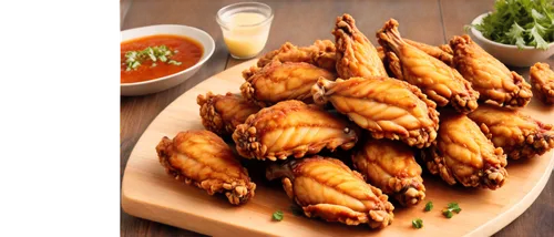 Crispy fried chicken wings, golden brown, saucy, steam rising, appetizing aroma, close-up shot, shallow depth of field, warm lighting, rustic wooden table, scattered parsley, realistic texture, detail