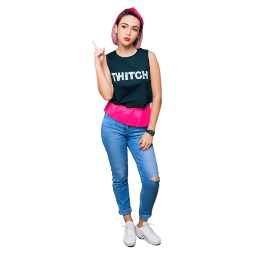 Twitch streamer, border design, colorful hair clips, bold eyebrows, bright pink lipstick, sleeveless gaming shirt, tight waist, ripped jeans, sneakers, confident pose, arms crossed, facial close-up, s