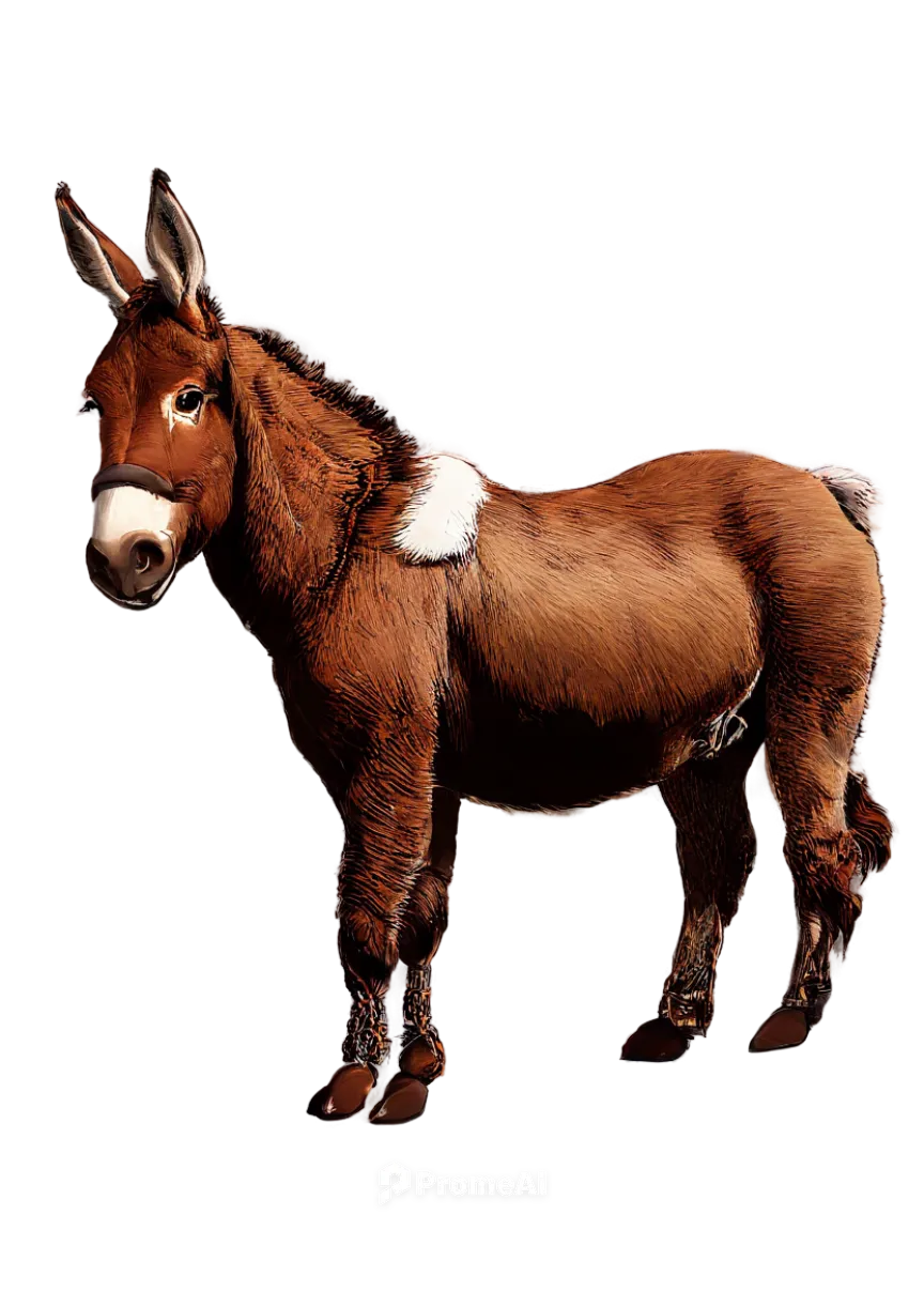 Brown donkey, standing, furry body, fluffy ears, long eyelashes, bright eyes, white muzzle, worn-out saddle, torn rope halter, rustic texture, warm lighting, low-angle shot, shallow depth of field, co