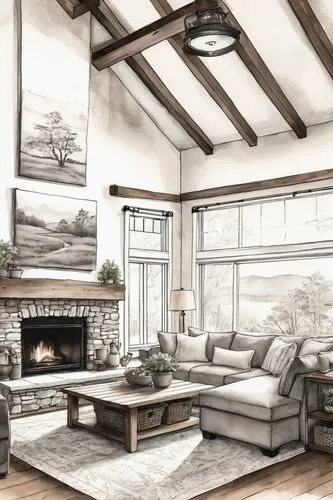 sunroom,home interior,wooden beams,rustic,living room,rustic aesthetic,sitting room,livingroom,family room,3d rendering,sketchup,hovnanian,renderings,house drawing,contemporary decor,boho art style,chalet,luxury home interior,country cottage,inglenook,Illustration,Paper based,Paper Based 30