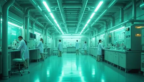 industrial design, futuristic laboratory, light green metal, neon glowing pipes, sleek machines, minimalist interior, metallic floor, modern chairs, white coats, scientist characters, goggles, lab glo