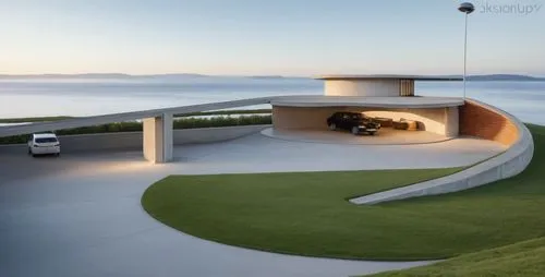 an empty car garage next to the sea,underground garage,futuristic art museum,dunes house,snohetta,modern architecture,siza,Photography,General,Realistic