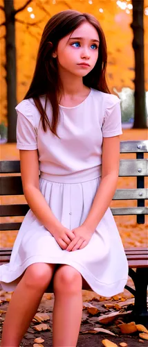 Lonely girl, cartoon style, solo, white dress, pale skin, blue eyes, messy brown hair, subtle tears, sitting on bench, empty park, autumn leaves, warm lighting, soft focus, 3/4 composition, cinematic 