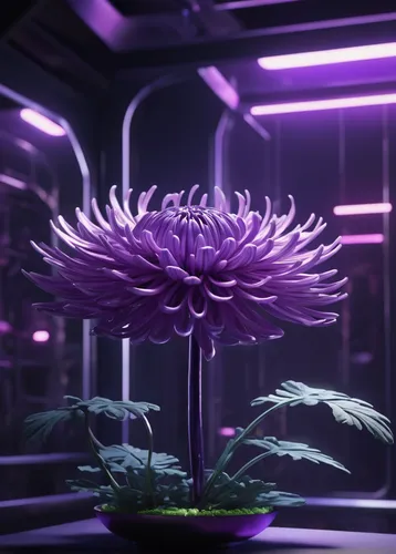 Create a futuristic sci-fi setting where a purple chrysanthemum possesses unimaginable powers.,cynara,purple chrysanthemum,purple dahlia,violet chrysanthemum,gerbera,frame flora,celestial chrysanthemu