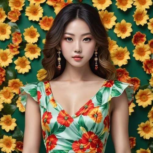 Cuerpo entero chivi japonesa muy bella ojos preciosos simetricos redondos. Inspirada en Mate Batch 👉🌿un vestido suelto y multicolor con tonos de amarillo, naranja, rojo y verde que se asemejan a los