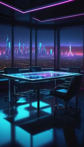 boardroom,neon human resources,neon coffee,neon drinks,neon cocktails,blur office background,cyberpunk,ufo interior,desk,neon light drinks,backgrounds,meeting room,neon tea,futuristic landscape,conference room,computer room,aesthetic,game room,board room,nightclub,Illustration,Paper based,Paper Based 18