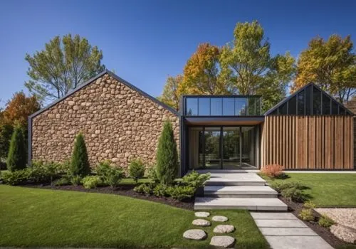 Design the exterior of two modern buildings with stone walls. A beautiful recessed entrance with carved black doors. One building is brought to the entrance, the other is located far behind the fence.