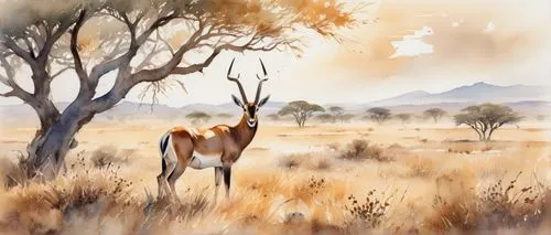 Wild African savannah, golden sunlight filtering through acacia trees, a majestic bushwazee (antelope) with impressive curved horns, brown and white fur, standing proudly in the open grassland, strong