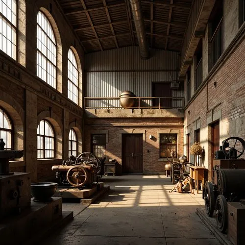 Rustic industrial factory, Romanesque fa\u00e7ade, arched windows, ornate stone carvings, distressed brick walls, metal cladding, corrugated roofing, vintage machinery, exposed ductwork, reclaimed woo