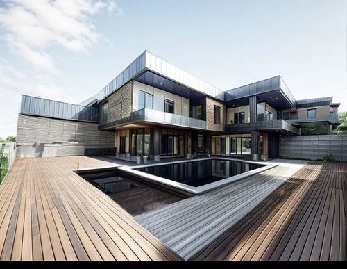 modern house,wooden decking,modern architecture,wood deck,3d rendering,decking,dunes house,timber house,residential house,glass facade,folding roof,cubic house,wooden house,metal cladding,cube house,landscape design sydney,flat roof,frisian house,residential,modern style,Architecture,General,Masterpiece,Catalan Minimalism