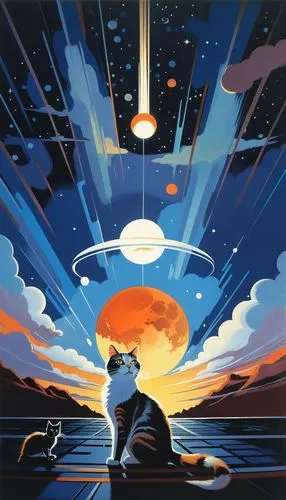 very fluffy cat, space view,two cats that are sitting in front of a painting,meteor,asteroid,cosmos 1999,extrasolar,comets,space art,Illustration,American Style,American Style 09