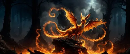 the fire dragon in the woods is burning around,fire background,forest dragon,firedrake,alifirenko,cimaron,ifrit