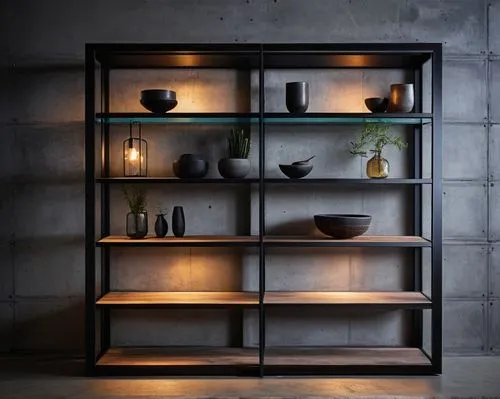 Modern minimalist shelving unit, architectural design, sleek metal frame, glass shelves, LED lighting underneath, geometric shapes, urban loft background, concrete floor, industrial chic decor, 3/4 co