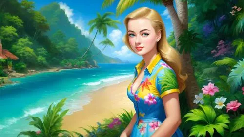 Romantic masterpiece oil painting, cute girl portrait, nostalgic 1950's style kitsch, vibrant rainforest landscape, lush tropical jungle paradise, summer beach cottage scenery, by Thomas Kinkade, by B