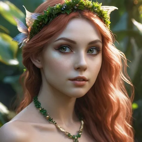 faery,elven flower,faerie,dryad,fae,dryads,margairaz,elven,seelie,fantasy portrait,fairie,green wreath,flower crown,maenads,maenad,spring crown,circlet,girl in a wreath,fairy queen,titania,Photography,General,Realistic