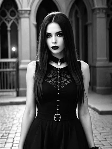 An ultra detailed, a beautiful goth girl with long straight hair in a short black dress is walking through a gothic city, moonlight, gothic fashion, dark fantasy style, hyper realistic, realism, digit