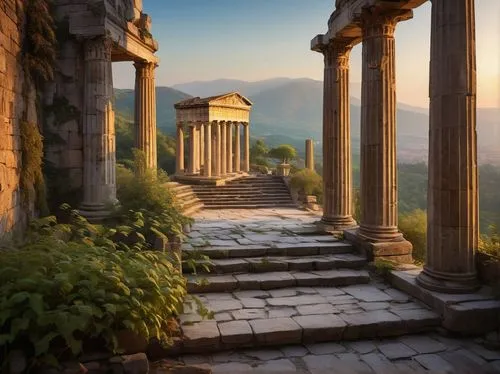 greek temple,temple of diana,kykuit,pergamon,roman temple,pillars,peristyle,doric columns,temple of poseidon,pergamum,civitella,basilicata,artemis temple,temple of hercules,anacapri,artena,acropolis,three pillars,campania,propylaea,Art,Classical Oil Painting,Classical Oil Painting 20